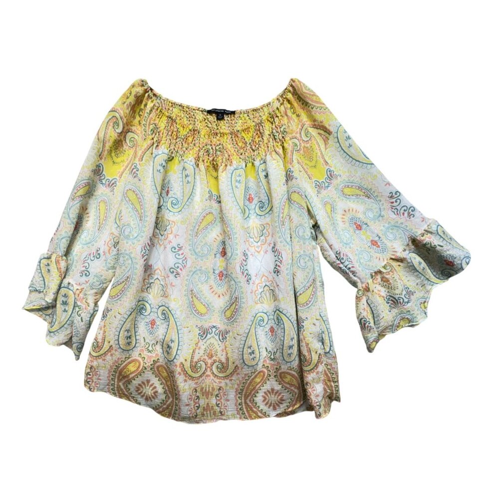 Zac & Rachel Off Shoulder Blouse Top Womens 2X Yellow Paisley Floral Smocked